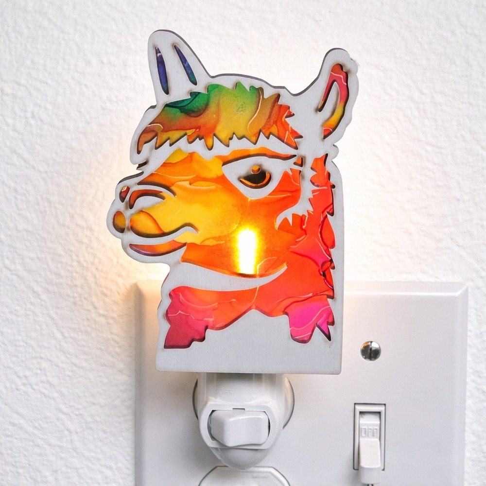 Colorful Llama Night Light Handmade Wood Alcohol Ink Art Plug-in Wall Decor
